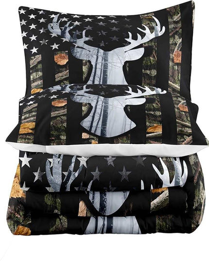 LUVIVIHOME 3PCS Deer Hunting Comforter Set King Size, Camo Bed Set Patriotic Black American Flag Bedding, Forest Animal Wildlife Country Lodge Rustic Farmhouse Cabin Camouflage Quilt, 2 Pillow Shams - LeafyLoom