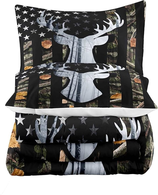 LUVIVIHOME 3PCS Deer Hunting Comforter Set King Size, Camo Bed Set Patriotic Black American Flag Bedding, Forest Animal Wildlife Country Lodge Rustic Farmhouse Cabin Camouflage Quilt, 2 Pillow Shams - LeafyLoom