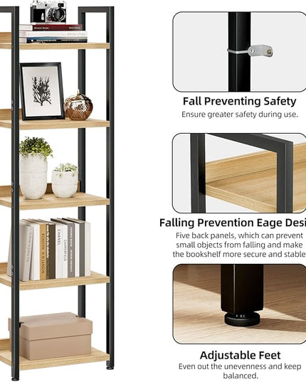 NUMENN Narrow Bookshelf, 5 Tier Bookshelves, Home Office Bookcase Shelf Storage Organizer, Free Standing Storage Shelving Unit for Bedroom, Living Room and Home Office, Natural - LeafyLoom