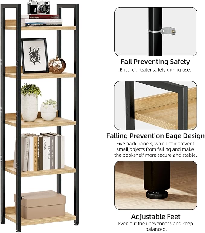 NUMENN Narrow Bookshelf, 5 Tier Bookshelves, Home Office Bookcase Shelf Storage Organizer, Free Standing Storage Shelving Unit for Bedroom, Living Room and Home Office, Natural - LeafyLoom