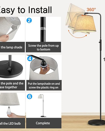 Floor Lamp with 3 Color Temperatures for Living Room Bedroom Office, Arc Modern Standing Lamp Tall Bright Corner Floor Lamp with Shade, Stepless Adjustable 3000K-6500K Colors, 9W LED Bulb - LeafyLoom