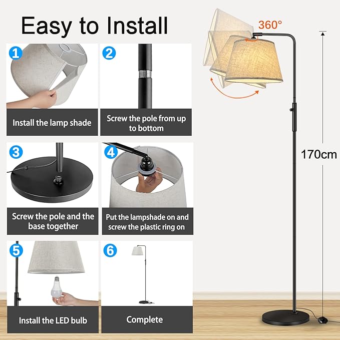 Floor Lamp with 3 Color Temperatures for Living Room Bedroom Office, Arc Modern Standing Lamp Tall Bright Corner Floor Lamp with Shade, Stepless Adjustable 3000K-6500K Colors, 9W LED Bulb - LeafyLoom