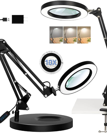 Magnifying Glass with Light and Stand, 10X Real Glass LED Magnifying Lamp, 3 Color Modes 10 Level Dimmable Lighted Magnifying Glass, 2-in-1 Magnifier Desk Lamp & Clamp for Reading Crafts Repair - LeafyLoom