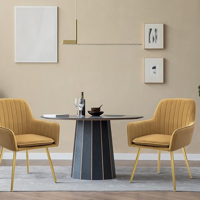 CangLong Furniture Modern Living Dining Room Accent Arm Chairs Club Guest Metal, Set of 2, Brown+Gold Legs - LeafyLoom