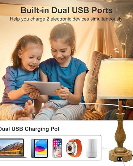Farmhouse Table Lamp 3-Way Dimmable Table Lamp, Modern Nightstand Lamp with 2 USB Port Pull Chain Bedside Desk Lamp with Fabric Shade for Living Room Bedroom Hotel (Metal-Pack-02) - LeafyLoom