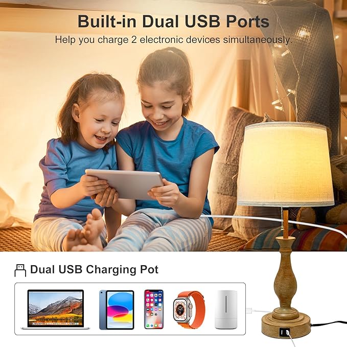 Farmhouse Table Lamp 3-Way Dimmable Table Lamp, Modern Nightstand Lamp with 2 USB Port Pull Chain Bedside Desk Lamp with Fabric Shade for Living Room Bedroom Hotel (Metal-Pack-02) - LeafyLoom