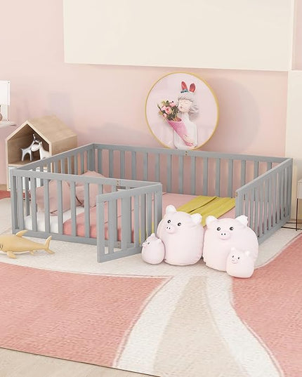Multifunctional Full Size Floor Bed with Safety Guardrails and Door, Montessori Sturdy Solid Wood Beds Frame, Easy Assembly and No Spring Need, for Boys and Girls Room, Gray - LeafyLoom