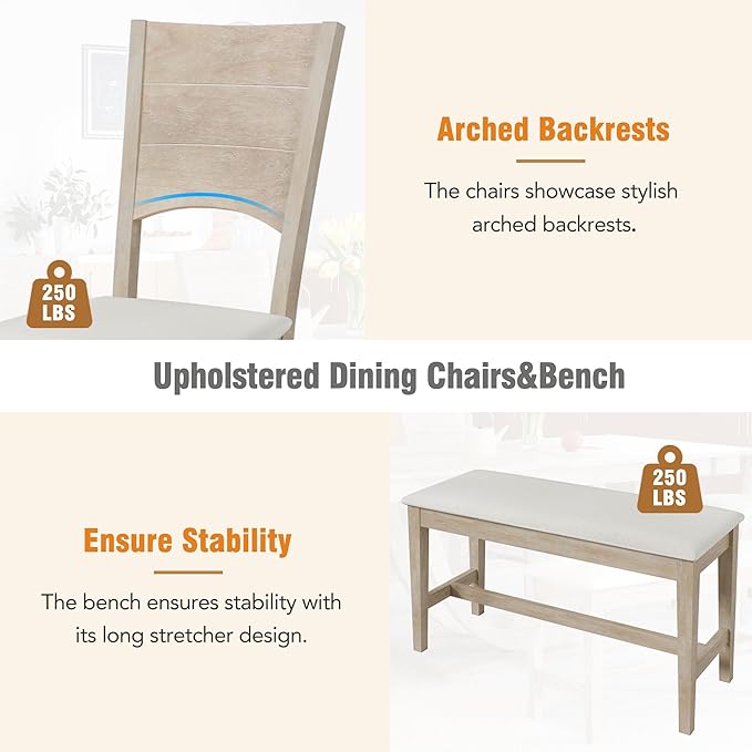 Dining Table Set for 6, Wood Half Round Dining Table Set with Upholstered Dining Chairs and Bench, Kitchen Table Set for Dining Room, Natural Wood - LeafyLoom