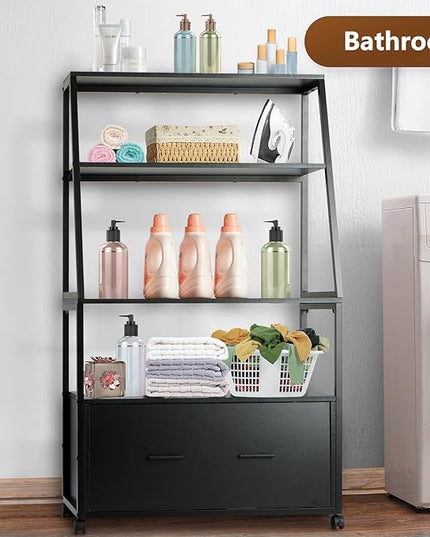 2 Drawer Lateral File Cabinet with Bookshelf, Industrial 4-Tier Filing Cabinet Printer Stand with Wheels, Ladder Shelf Stand with Open Storage for Home Office,Black - LeafyLoom