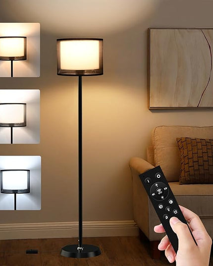 VNPONV LED Floor Lamp for Living Room, 3 Color Temperature Floor Lamp with Remote Control and Stepless Dimmable Colors Temperature for Bedroom, Study Room, Office, 12W Bulb Included, black-2 (Black) - LeafyLoom