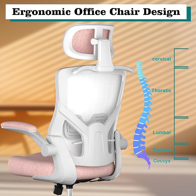 Ergonomic Office Chair, High Back Mesh Desk Chair with Thick Molded Foam Cushion, Coat Hanger, Adjustable Headrest, Lumbar Support, Tilt & Lock Function-Task Chair (Petal Pink) - LeafyLoom