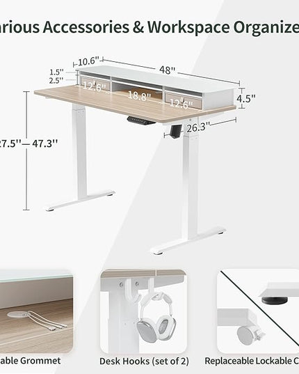 FEZIBO 48 x 24 Inch Height Adjustable Glass Electric Standing Desk with Double Drawer, Stand Up Desk with Storage Shelf, Sit Stand Desk, Light Walnut - LeafyLoom