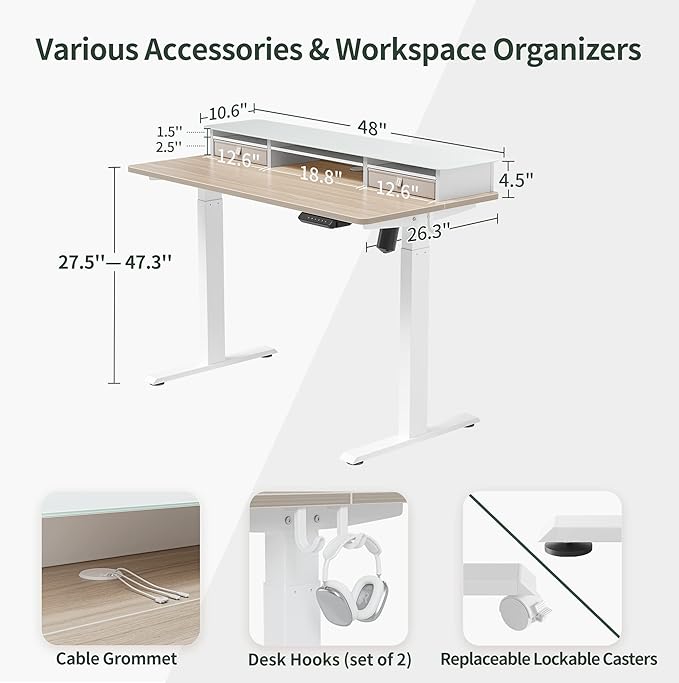 FEZIBO 48 x 24 Inch Height Adjustable Glass Electric Standing Desk with Double Drawer, Stand Up Desk with Storage Shelf, Sit Stand Desk, Light Walnut - LeafyLoom