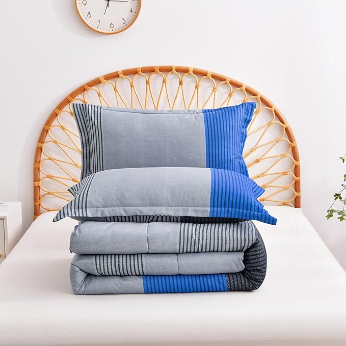 WONGS BEDDING Blue Stripe Comforter Set Twin Reversible Grey Blue Bedding Comforter Set for Twin Bed, 2 Pieces (1 Comforter+1 Pillowcase), Soft Microfiber Filling Duvet Set 68”×86” - LeafyLoom