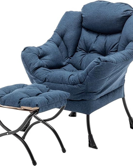 Lazy Chair with Ottoman, Modern Soft Reading Chair Accent Contemporary Lounge Leisure Sofa Chair with Armrests and a Side Pocket for Living Room, Bedroom, Dorm & Office, Dark Blue - LeafyLoom