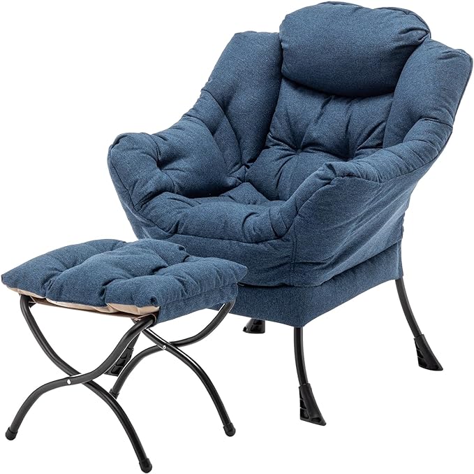 Lazy Chair with Ottoman, Modern Soft Reading Chair Accent Contemporary Lounge Leisure Sofa Chair with Armrests and a Side Pocket for Living Room, Bedroom, Dorm & Office, Dark Blue - LeafyLoom
