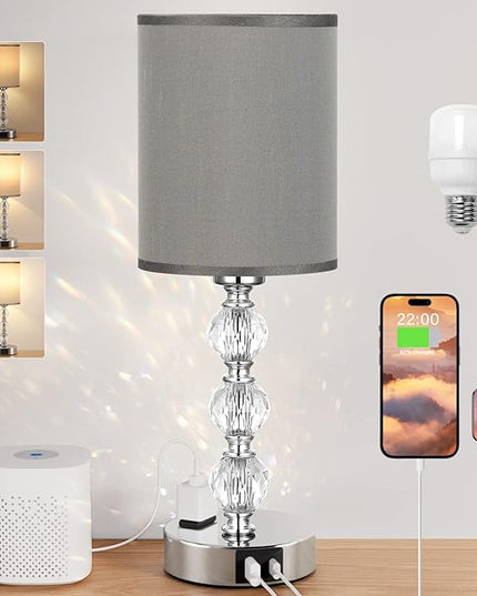 Grey Touch Bedside Lamps for Bedrooms - Crystal Table Lamp with USB C+A Charging Port and AC Outlet Nightstand, 3 Way Dimmable Silver Small End Side Table Lamp for Living/Guest/Dinning Room/Kitchen - LeafyLoom