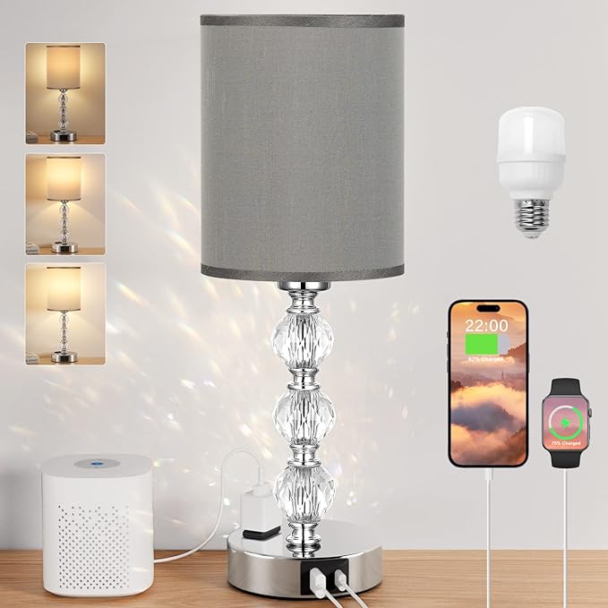 Grey Touch Bedside Lamps for Bedrooms - Crystal Table Lamp with USB C+A Charging Port and AC Outlet Nightstand, 3 Way Dimmable Silver Small End Side Table Lamp for Living/Guest/Dinning Room/Kitchen - LeafyLoom