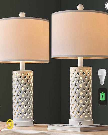 OYEARS 24.75'' Touch Control Table Lamp 3-Way Dimmable Bedroom Nightstand Set of 2 for Living Room Farmhouse Vintage Retro USB Bedside Ceramic Lamps with Linen Shade for Home Office (Bulb Included) - LeafyLoom