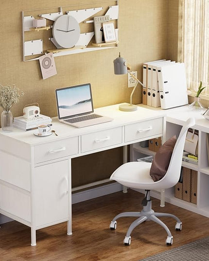 White Desk with Storage Cabinet and 3 Fabric Drawers, 47 Inch Home Office Desk for Writing Study Gaming, Computer Table with Storage Space, Modern Vanity Desk for Bedroom - LeafyLoom