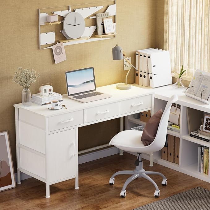 White Desk with Storage Cabinet and 3 Fabric Drawers, 47 Inch Home Office Desk for Writing Study Gaming, Computer Table with Storage Space, Modern Vanity Desk for Bedroom - LeafyLoom