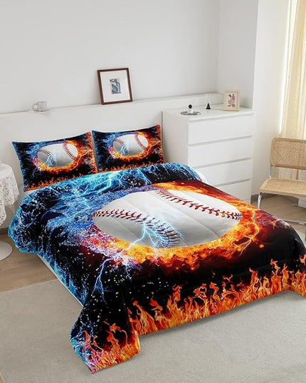 Erosebridal Baseball Comforter Set King Size Sports Theme Bedding Kids Teens Boys Fire and Ice Sports Baseball Quilted Duvet Decoration 3 Pcs Bedding Comforters Red Blue with 2 Pillowcases - LeafyLoom