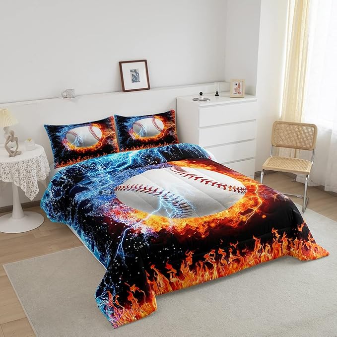 Erosebridal Baseball Comforter Set King Size Sports Theme Bedding Kids Teens Boys Fire and Ice Sports Baseball Quilted Duvet Decoration 3 Pcs Bedding Comforters Red Blue with 2 Pillowcases - LeafyLoom