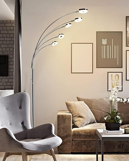 DINGLILIGHTING DLLT 5 Head Arc Floor Lamps for Living Room, Spider Lamps with 5 Adjustable Arms, Modern Tree Standing Lamp for Bedroom, Office, 3 Brightness Level, Warm White, Sliver - LeafyLoom