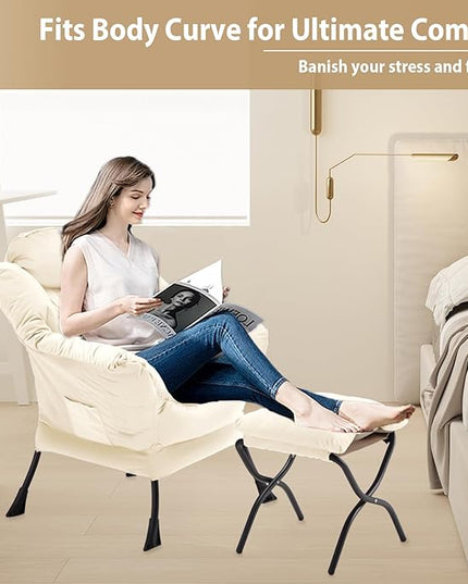 Lazy Chair with Folding Ottoman, Accent Chair Velvet Upholstered with Metal Structure and Non-Slip Pads, Sofa Armchair with Footrest and Side Storage Bag for Dorm, Room, Office, Beige - LeafyLoom