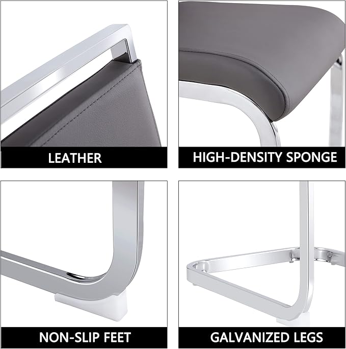 Dining Chairs Set, Kitchen Modern Metal Chairs with Faux Leather Padded Seat High Back and Sturdy Chrome Legs, Chairs for Dining Room (Grey, Set of 2) - LeafyLoom