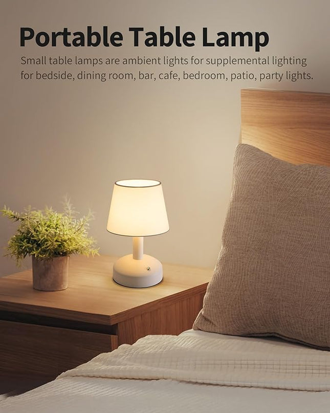 KDG Modern Cordless Small Table Lamp, Portable LED Fabric Shade Desk Lamps, 5000mAh Rechargeable Battery Operated Lighting for Bedroom, Bedside, Bar, Living Room, Dining Room, Night Light(White) - LeafyLoom