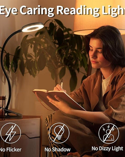LQWELL® LED Desk Lamp Clip-on Ring Reading Light, 3 Color Temperatures, 10 Brightness Levels & Stepless Dimming, 360° Flexible Clamp Table Lights for Home Office (Neck Length 70CM) - LeafyLoom