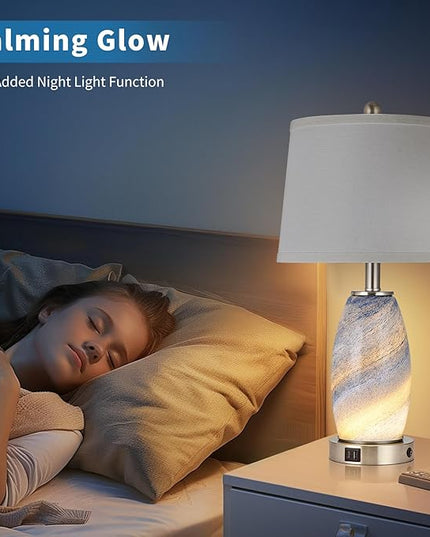 Table Lamps Set of 2, 3-Way Lighting Modes Modern Table Lamps for Bedroom, Blue Bedside Lamps with USB C+A, Glass Nightstand Lamps, 23.5" Table Lamps for Living Room Bedroom Decoration - LeafyLoom