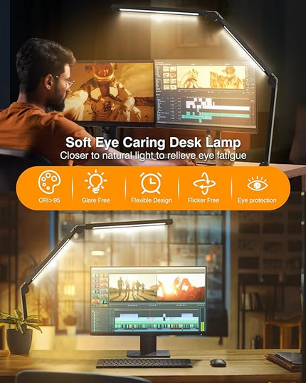 LED Desk Lamp with Clip, Multi-Angle Flexible 3-Segment 2-Light Source Office Desk Lamp, Clip-on Eye-Care 4 Color Temperature Modes&5 Brightness, Table Lamp for Home Office Studio Study Nail - LeafyLoom