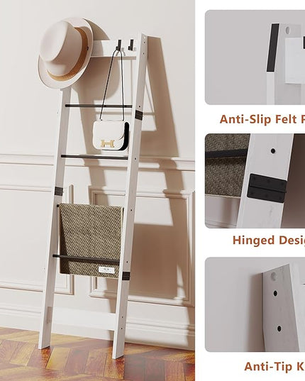 6 Tier Blanket Ladder Shelf for Living Room and Bedroom, Ladder Holder with 4 Metal Hooks, 5.2ft Blanket Quilt Holder Rack, Farmhouse Ladder Rack for Storage and Home Decor, White - LeafyLoom