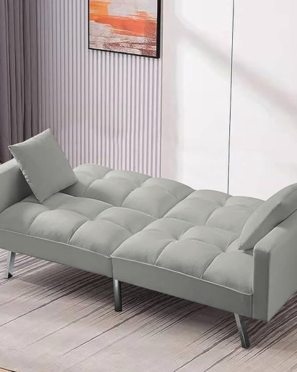 74" Futon Sofa Bed Living Room Furniture Sets Modern Convertible Folding Lounge Couch Loveseat Daybed Upholstered Sofá with 2 Pillows for Bedroom, Apartment, Home Office, Gray-3 - LeafyLoom