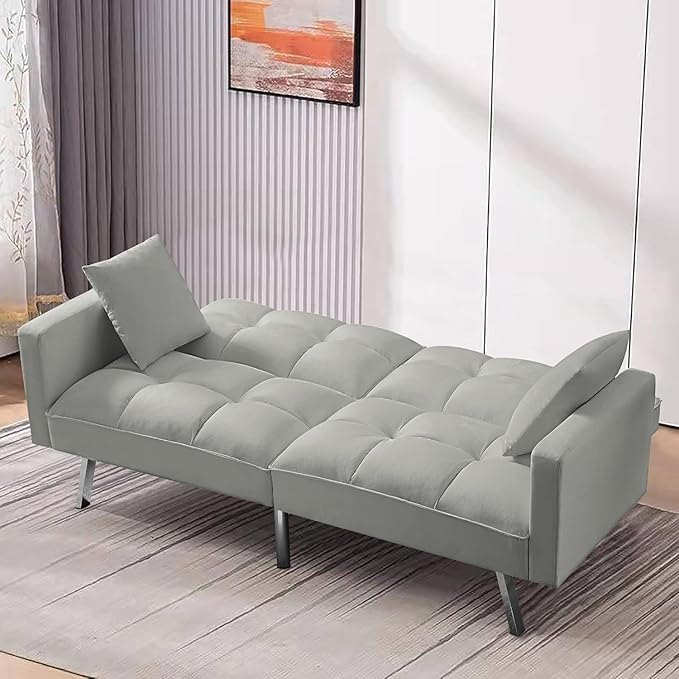 74" Futon Sofa Bed Living Room Furniture Sets Modern Convertible Folding Lounge Couch Loveseat Daybed Upholstered Sofá with 2 Pillows for Bedroom, Apartment, Home Office, Gray-3 - LeafyLoom