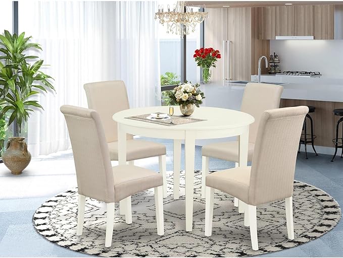 East West Furniture BOBA5-WHI-01 Boston 5 Piece Modern Set Includes a Round Kitchen Table and 4 Cream Fabric Parsons Dining Chairs, Linen White, 42x42 Inch - LeafyLoom