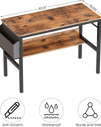 DKLGG Small Computer Desk Study Table, 43 Inch Home Office Laptop Table for Small Spaces, Modern Work Writing Table with Storage Bag & Headphone Hook, Rustic Brown - LeafyLoom