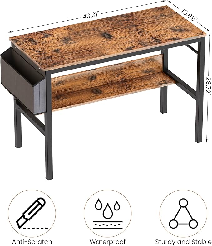 DKLGG Small Computer Desk Study Table, 43 Inch Home Office Laptop Table for Small Spaces, Modern Work Writing Table with Storage Bag & Headphone Hook, Rustic Brown - LeafyLoom