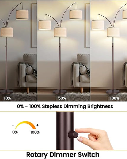 Dimmable Floor Lamp - 3 Lights Arc Floor Lamps for Living Room, 1000LM Modern Tall Standing Lamp With Beige Shades, Mid Century Tree Floor Lamp for Bedroom Office, 3 LED Bulbs Included - Brown - LeafyLoom