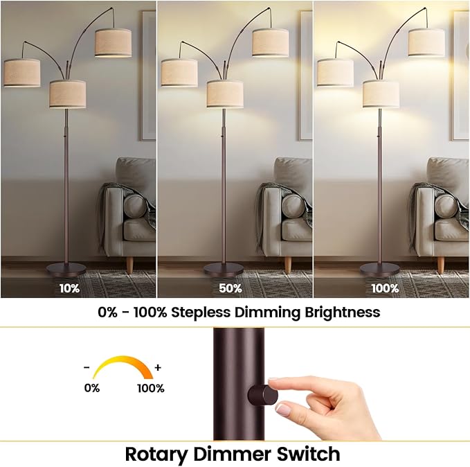 Dimmable Floor Lamp - 3 Lights Arc Floor Lamps for Living Room, 1000LM Modern Tall Standing Lamp With Beige Shades, Mid Century Tree Floor Lamp for Bedroom Office, 3 LED Bulbs Included - Brown - LeafyLoom