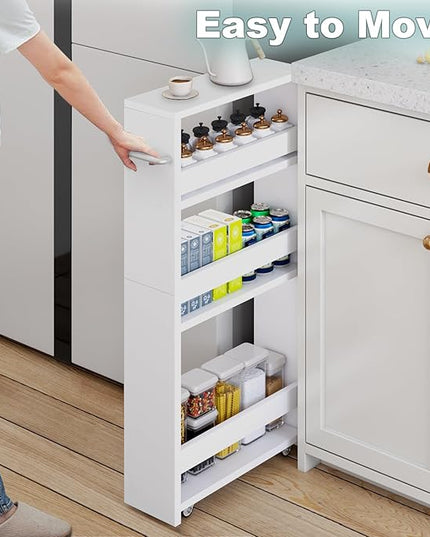 MARTY White Slim Storage Cart with Wheels, 4 Tier Rolling Utility Cart with Handle Slide Out Shelving Unit Organizer Trolley for Laundry Kitchen Bathroom Narrow Places Small Corner - LeafyLoom