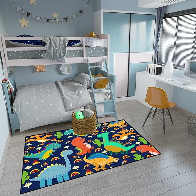 Dinosaur Carpet for Boys Room Dinosaurs Area Rugs Cute Dinosaur Cartoon Carpet Kids Rug Boys Room Rug for Kids Playroom Classroom and Livingroom,Blue 3'×5' - LeafyLoom