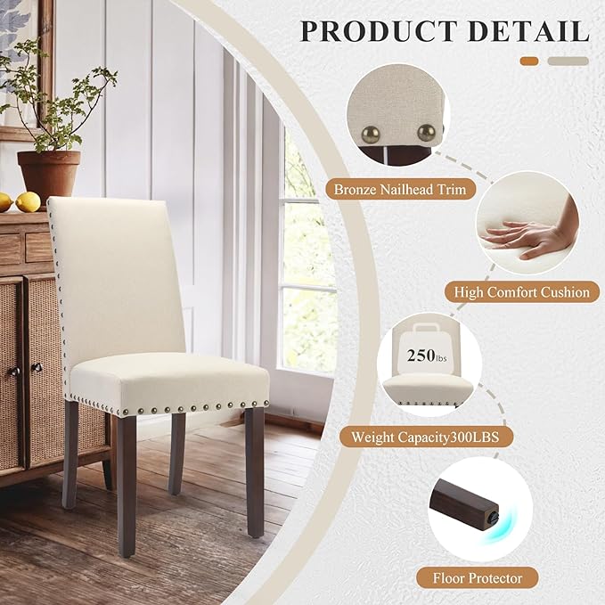 COLAMY Dining Room Chairs Set of 2, Parsons Kitchen Side Chiars with Padded Seat, Wood Legs, Nailed Trim, Beige - LeafyLoom