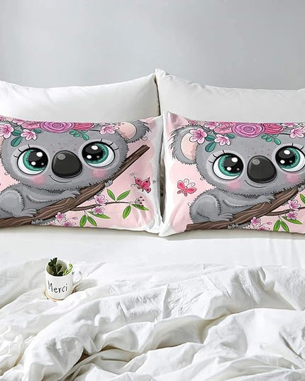Erosebridal Cartoon Koala Comforter Set Full Size, Cute Koala Bedding Set, Cherry Blossom Rose Quilted Duvet for Kids Baby Toddler, Nursery Quilt Set, Butterfly Branch Leaves Duvet Set - LeafyLoom