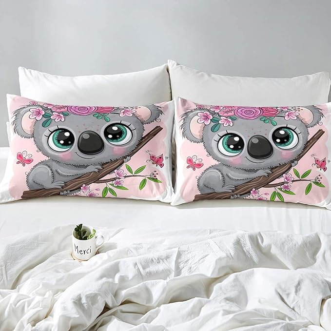 Erosebridal Cartoon Koala Comforter Set Twin Size, Cute Koala Bedding Set, Cherry Blossom Rose Quilted Duvet for Kids Baby Toddler, Nursery Quilt Set, Butterfly Branch Leaves Duvet Set - LeafyLoom