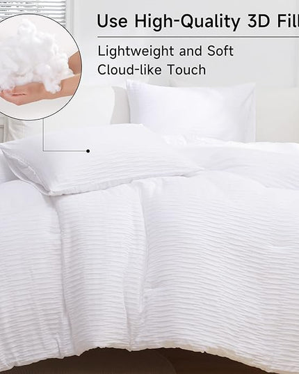 White Seersucker Comforter Set Queen Size (90x90 in), 3 Pieces Soft Crinkled Textured Comforter with 2 Pillowcases, Lightweight Microfiber Down Alternative Bedding Set for All Season - LeafyLoom