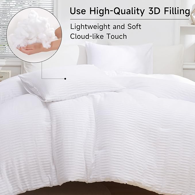 White Seersucker Comforter Set Queen Size (90x90 in), 3 Pieces Soft Crinkled Textured Comforter with 2 Pillowcases, Lightweight Microfiber Down Alternative Bedding Set for All Season - LeafyLoom