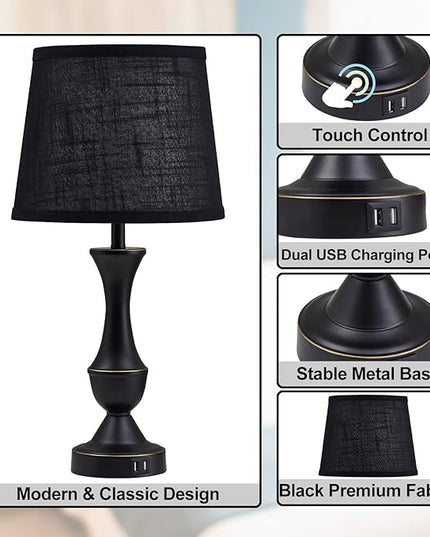 Luvkczc Table Lamps for Bedrooms Set of 2, Bedside Touch Lamps with USB C+A Charging Ports, Touch Bedside Lamps, Black Nightstand Lamps for Living Room, Bedroom, Office, LED Bulbs Included - LeafyLoom